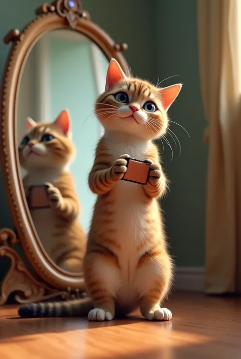 Create me an image of a cat taking a picture in a mirror imitating the TikTok kangaroo team