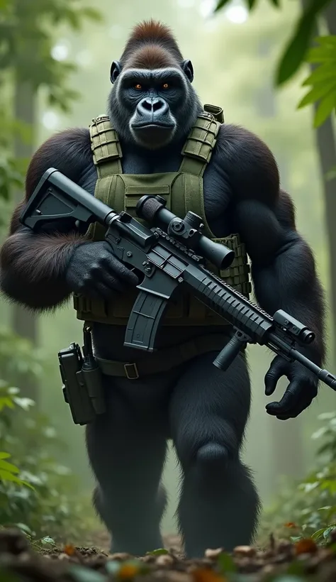 

" A military hybrid with an extremely muscular gorilla body ,  and dark skin ,  wearing a tactical combat suit with light armor .  He holds a precision rifle and carries an ammunition belt. in a dense forest, he moves with force and precision ,  ready to...