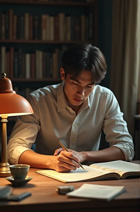 Young man writing a poem with a thoughtful face 