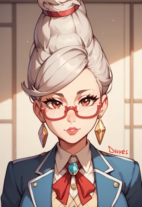 (masterpiece), best quality, high resolution, 1female, seiko ayase, mature female,grey hair, brown eyes, glasses, top knot, by d...