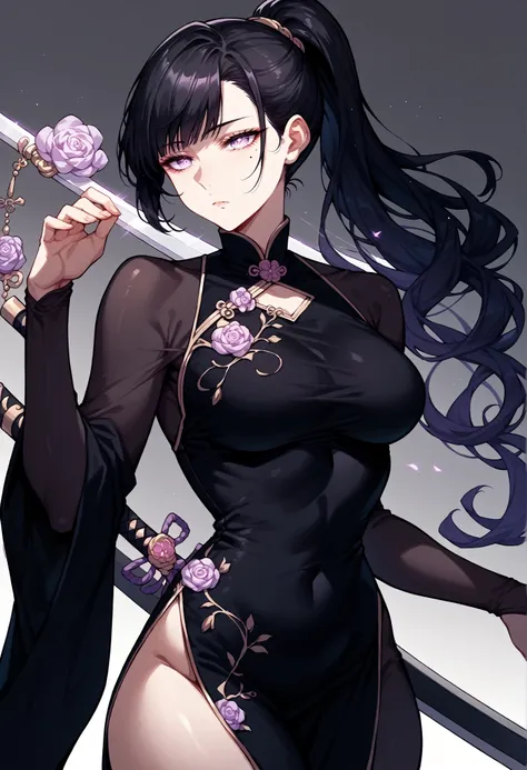 mixed_artwork style, (detailed eyes), (Mature woman), beautiful woman, medium breasts, black hair, bangs on eye, Side bangs, ponytail, (black oriental dress), Lavender eyes, mole under eye, huge body, (expressionless gaze), sword stance