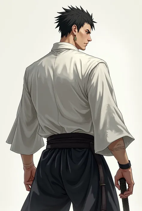 A swordsman 
Turned on the back with earring short hair that looks angry in white clothes and black shorts with white skin with black hair 
Male with his back