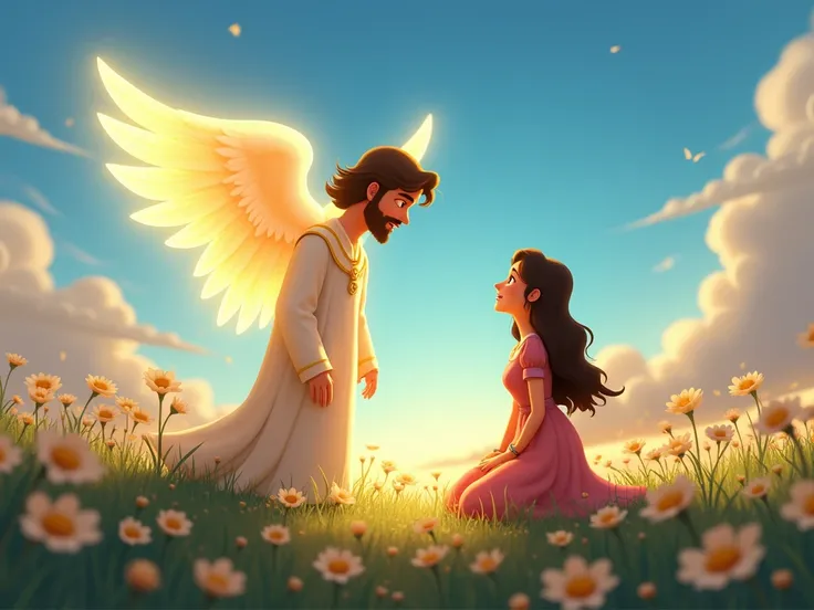 A radiant angel man,  with luminous wings ,  appears to a barren woman in a flowery field .  The woman is kneeling with an expression of amazement and reverence,  while the angels light gently illuminates the scene . Disney Pixar style, Cartoon.