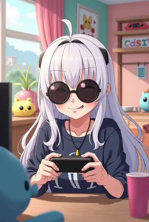 
Play me Satoru Gojou womens version with round black sunglasses in a decorated kawaiii-like room and playing video games 