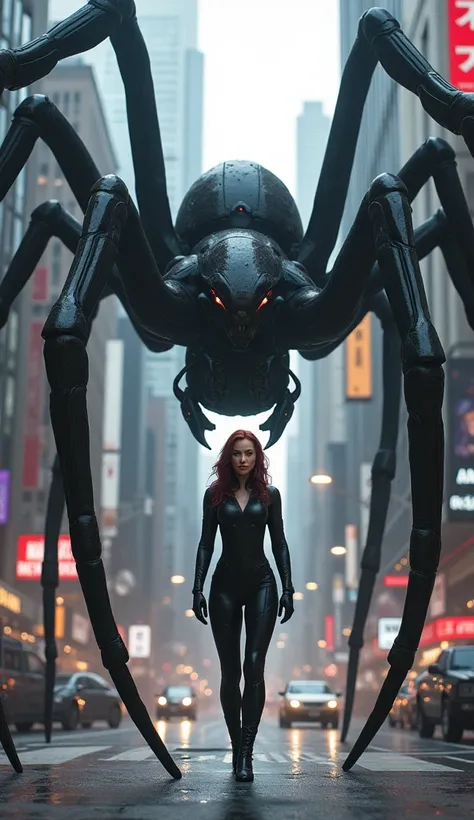 Black widow standing next to a giant black widow spider in a city 