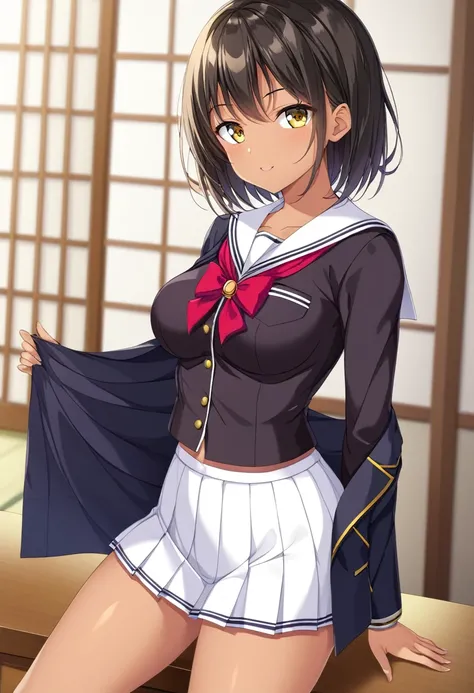  anime image quality、 animation、8k、High image quality、Beautiful eyes、woman、tanned skin、black blazer sailor suit、 black mini skirt、 medium breasts、 yellow eyes、shoulder-length hair、