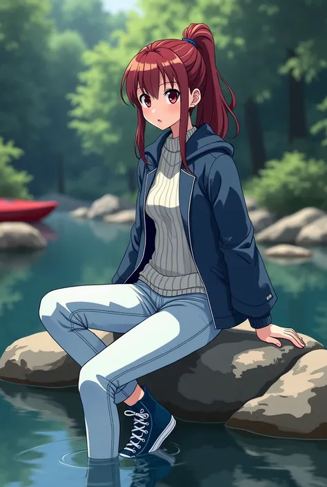 anime girl, dark red hair,  strict ponytail ,  light gray knit sweater , blue windbreaker ,  light blue stone washed jeans up to the shoes ,  completely dark blue hi-top sneakers with blue laces,  sit on big rocks in the river ,  keeps the left foot knee-d...