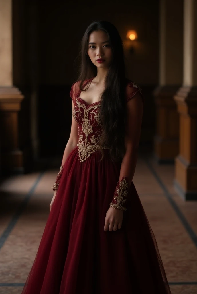 Young woman wearing a long, dark red ornate dress with gold embroidery. She has long dark hair and stands in a large, dimly lit indoor space with wood-paneled walls and columns، صورة قرببة 1:1