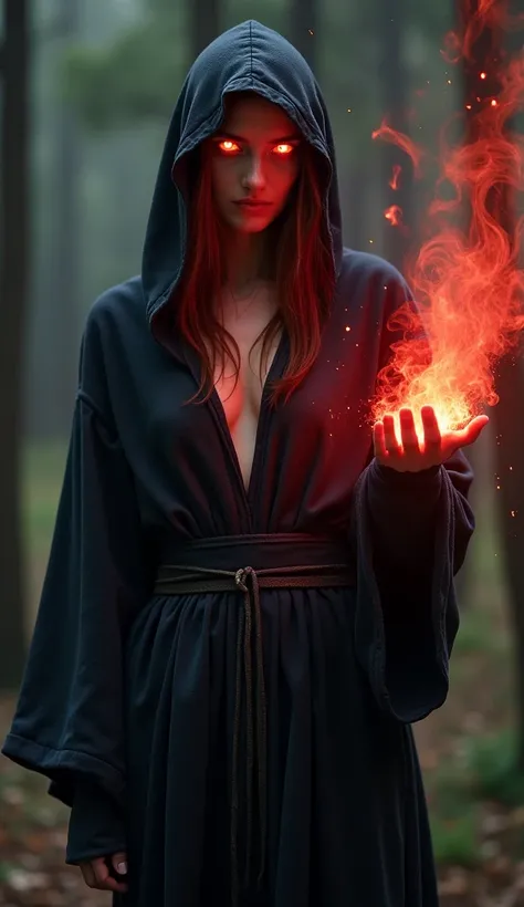 Create a full-body fantasy a pretty female character with a dark robe with an open middle to the navel and a wide hoodie that covers her face only showing her orange eyes with a mystical orange light effect, giving a mysterious impression. Add a mystical r...