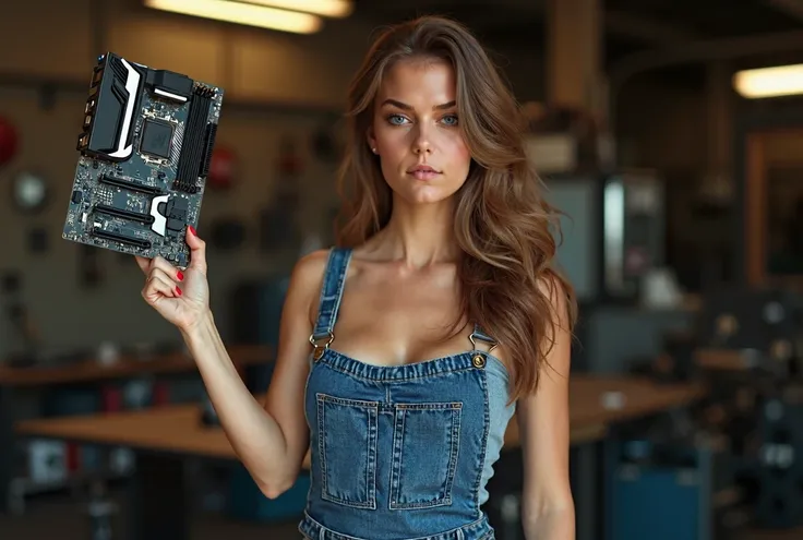 beautiful woman, wearing sexy denim overalls, detailed blue eyes and face, perfect hands, holding up a ATX PC mother in one hand, in a workshop background, showing cleavage, light brown hair, cinematic lighting, UHD, high details, best quality, anatomicall...