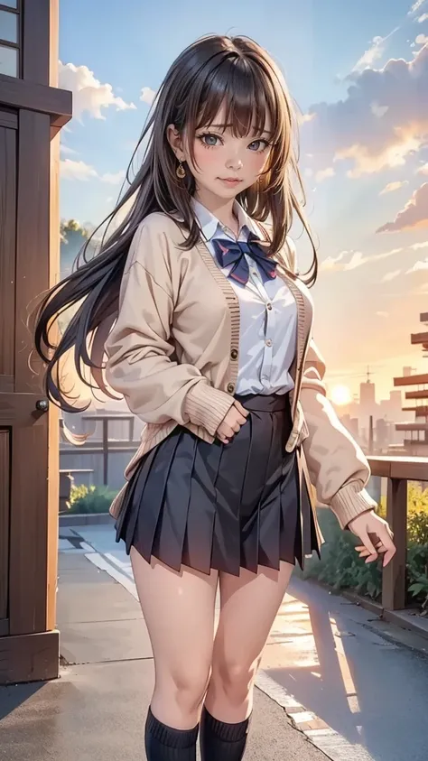 One Girl, (Sunset sky), Standing and waving, School Area, Cityscape, scenery, School Cardigan, (Sleeves are longer than the wrist), Powerful loafers, Black ash two side up hair, Blunt bangs, Beautiful dark eyes, Black knee socks, Cinema Lighting, Upper Bod...