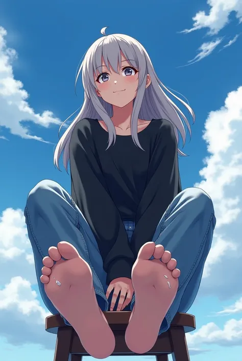 wallpaper,A anime woman sits on a stool，Looking up， best quality, Very detailed, masterpiece, Extremely detailed, illustration, Sky,Foot Focus, Smirk， Bangs，Long hair，齐Bangs, barefoot，The soles of your feet sweat a lot，Black sweatshirt，jeans，big sister，30 ...