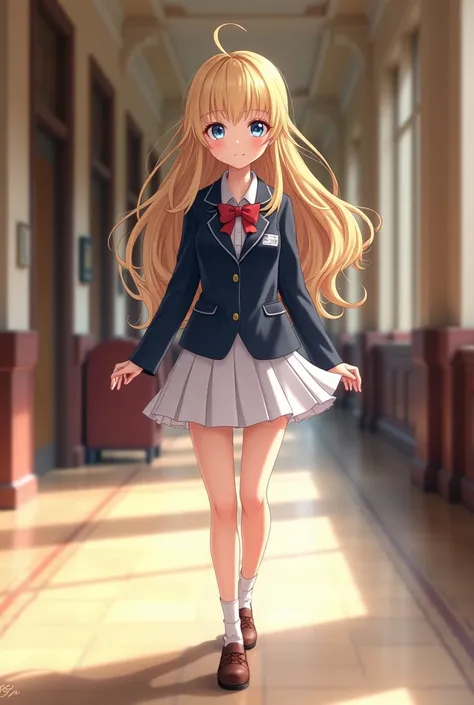 school girl. blonde hair, long and wavy, well combed. Curvy physique , curvy, chubby, attractive, piel Blanca.  light blue eyes .  Wear a formal navy blue uniform with a white skirt. Walk the corridors of an elite academy . anime 3D, arte digital.