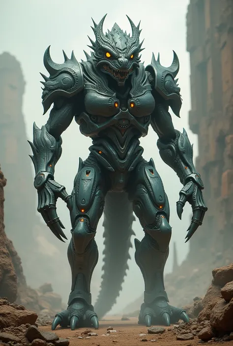 Create an image that combines the Dragon Steel Hybrid skin from Fortnite with “Atrax-1 Fallen Exo” from Destiny 2