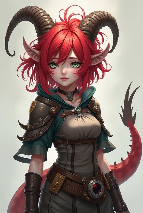 JRPG style ,  Medium-height woman , goat horns ,  red hair made of steam , Two-colored eyes, green and silver,  white complexion , fine features, He has freckles,  has a reptilian tail with fins on the tip.  Dressed like a warrior , one lens.