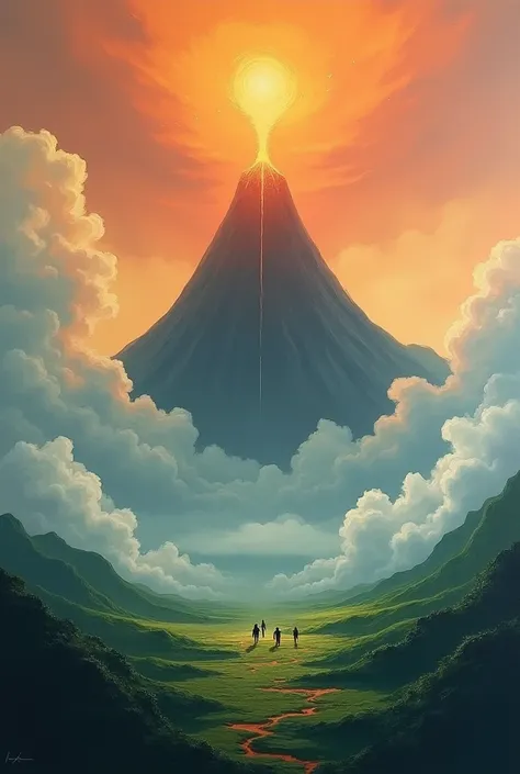 huge landscape painting of volcano, showing thick clouds around it, orange sky in the background, there are green terraces and 3 walking men on the paddle but I want it simple as possible since I dont know how to draw