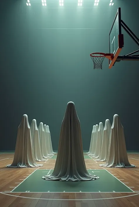 create image : Draw me that there are 4 2-meter crucibles on 4 edges of a classic basketball court. Keep the 8 players in the field covered with cloth .