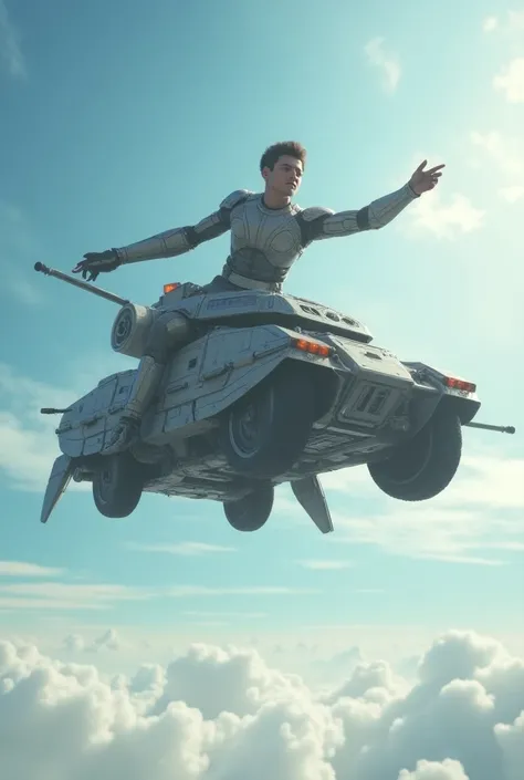 Generate a flying human with a tank