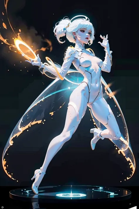 a beautiful woman with a perfect body, glowing translucent bodysuit, dynamic pose