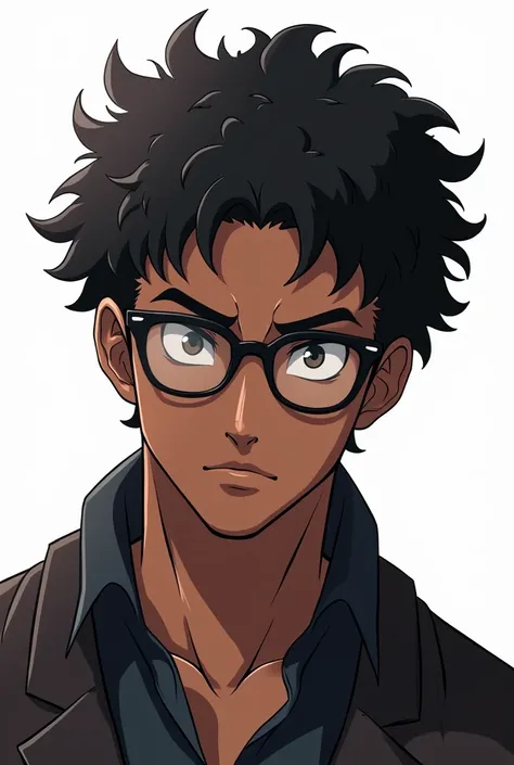 Make an anime-style man with black skin with curly hair all curly WHO DOESNT LOOK LIKE GOKU with black glasses and a white background