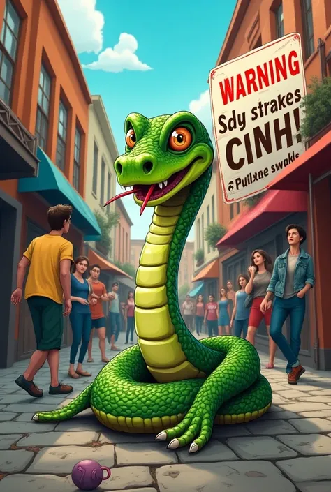  You can draw a comic movie poster about a snake that when it bites people it makes them stupid instead of killing them, There has to be a sign that says snake bite down 