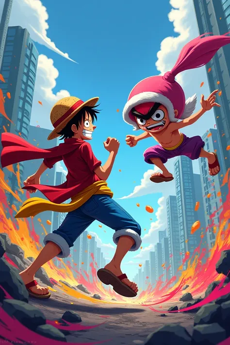 Luffy from one piece fighting an inkling from splatoon