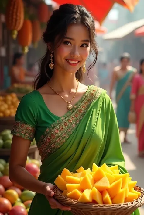 Beautiful lady wearing green saree selling mangoes slice