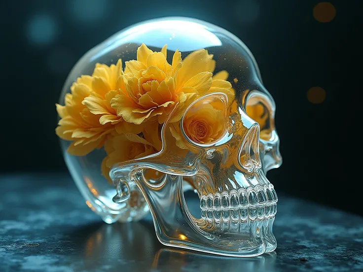  A human skull made of transparent glass with golden flowers growing from inside, on a dark background illuminated by soft neon lights " .