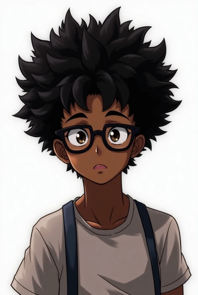 Make an anime-style man with black skin with curly hair all curly WHO DOESNT LOOK LIKE GOKU with black glasses and a white background, WITH ALL THE CURLY HAIR that has no smooth part and that does not look like a woman, And let the hair not be so exaggerat...