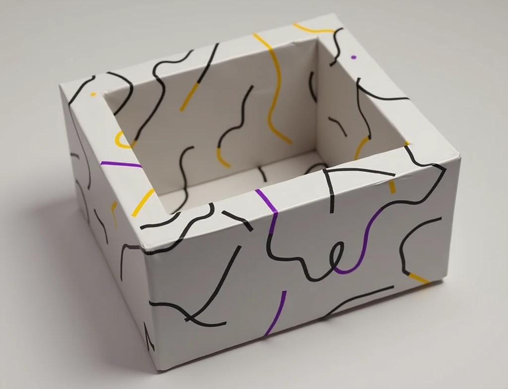 white box with some small black and purple yellow scribbles