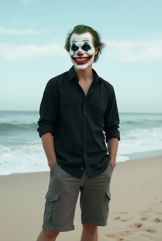 Generate image of a man wearing shorts and basic black blouse with a Joker mask in front of the beach