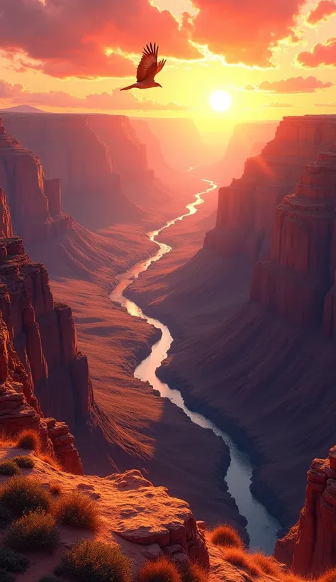 Generate an ultra-realistic 4K panoramic anime-style image, inspired by the illustration style of Akira Toriyama, depicting the breathtaking expanse of the Grand Canyon during a golden sunset. The deep, rugged canyon is filled with vibrant hues of red, ora...