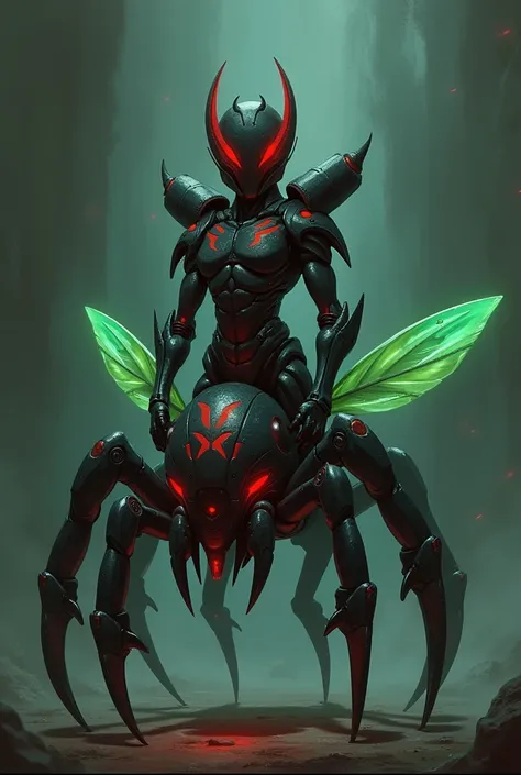 Create Venogarmon, a 2D hybrid creature. Humanoid upper body with metallic exoskeleton, shadowy face and red and green bioluminescent eyes. Mechanical spider underside with sharp legs and built-in cannons. Translucent insect wings protrude from the back. B...