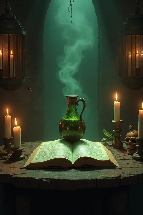  A dungeon with some background cages ,  a table with old candles and some books , an open central book ,  and a skull in a jug with a green liquid.