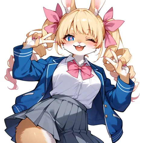 score_9, score_8_up, score_7_up, score_6_up, score_5_up, score_4_up, source_anime, best quality, amazing quality, very aesthetic, absurdres, 1girl, (furry, kemono:1.3), rabbit, rabbit girl, rabbit ears, blonde hair, blue eyes, one eye closed, drill hair, long hair, v, double v, gyaru v, open mouth, symbol-shaped pupils, blush, twin drills, sidelocks, twintails, skirt, school uniform, jacket, hair ribbon, pleated skirt, shirt, long sleeves, looking at viewer, bow, white background, simple background, smile, pink bow, pink ribbon, white shirt, blue jacket, grey skirt