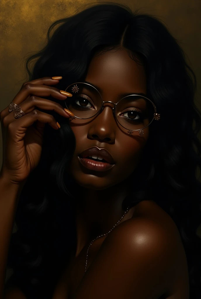 A modelo está usando óculos de sol de vidro com estrelas e a lua no vidroClassical oil painting in the Impressionist style, close-up portrait of a black woman with long, wild black hair, alone in a dark room, painted nails, piercing black eyes, intricate d...