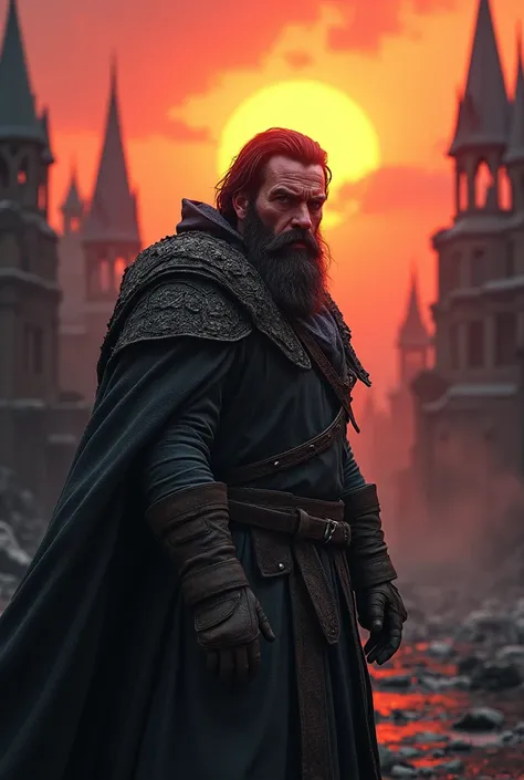 Bearded mountain man aesthetic medieval gothic dramatic lighting, ruined cityscape, sunset, eerie, 3D effect ultra-detailed intricate insanely full HD, cgsociety contest winner, artstation quality intense gaze, expressive eyes, depth of field,, motion line...