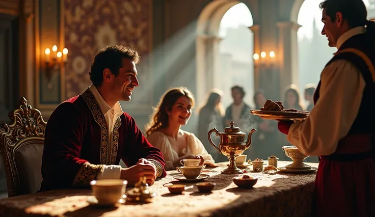 A hyperrealistic depiction of the moment cacao and chocolate become a sensation in 16th-century Spain, capturing the cultural excitement and elegance of the era. The scene is set in a grand Spanish hall, adorned with ornate tapestries, golden chandeliers, ...