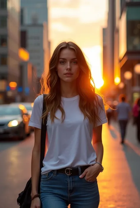 Realistic photo. A cute 20 years old woman walking in a big city by sunset. Brown long wavy hair, blue eyes. She is wearing blue jeans, white t-shirt, black boots. The setting sun is reflected in the windows of the buildings.