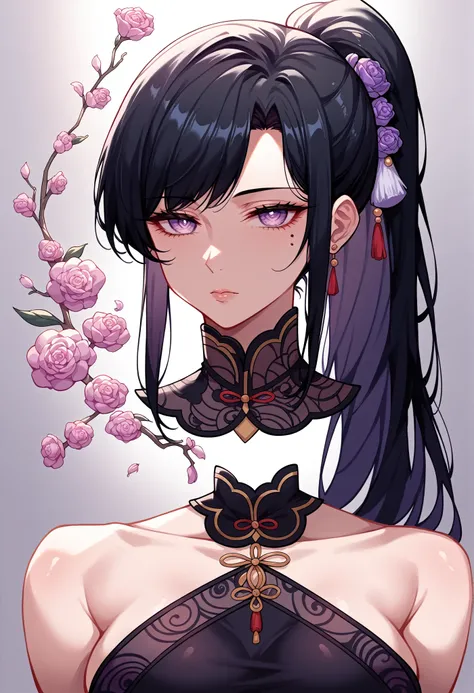 mixed_artwork style, (detailed eyes), (Mature woman), beautiful woman, medium breasts, black hair, bangs on eye, Side bangs, ponytail, (black oriental dress, cultivator, wuxia), Lavender eyes, mole under eye, huge body, (expressionless gaze)