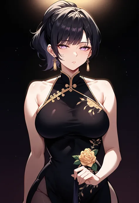 mixed_artwork style, (detailed eyes), (Mature woman), beautiful woman, medium breasts, black hair, bangs on eye, Side bangs, ponytail, (black oriental dress, cultivator, wuxia), Lavender eyes, mole under eye, huge body, (expressionless gaze)