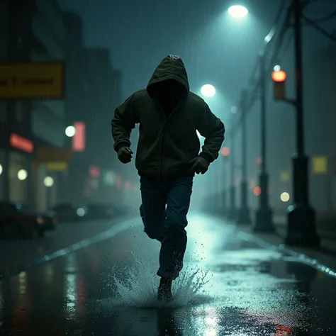 Make an image of a person running around at night and its raining and hes wearing a hoodie