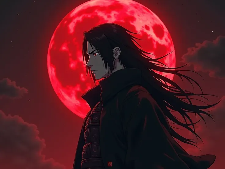 Epic, Masterpiece, Madara Uchiha from anime series, (half body portrait), with full red moon behind him