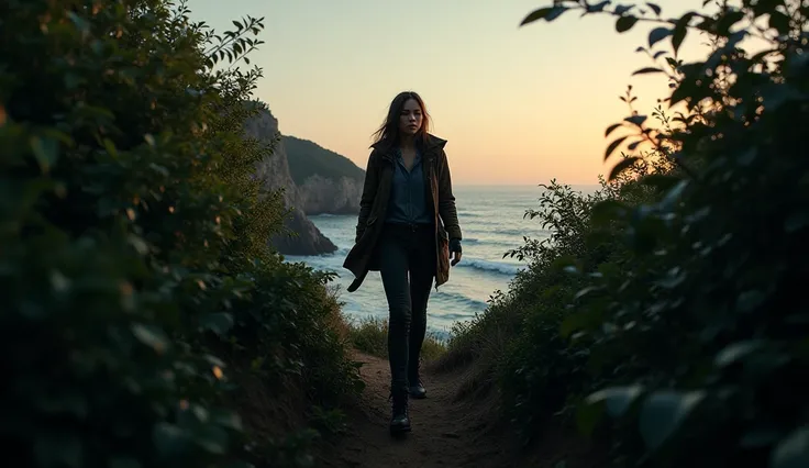 A female detective, of coasts, hiking for an exit amidst tall bushes at dusk