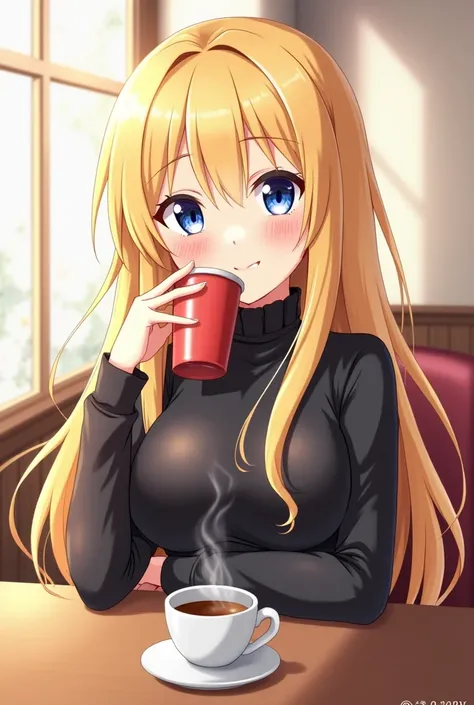 Anime girl sitting at table drinking coffee,  Blonde Long Hair Anime Girl , from  girls frontline , [[[[Smiling]]]], Anime cute style, Marin Kitagawa Doujin Figure ,  cute girl anime vision ,  exquisite details.  girls frontline , A calm smile, Sly smile, ...