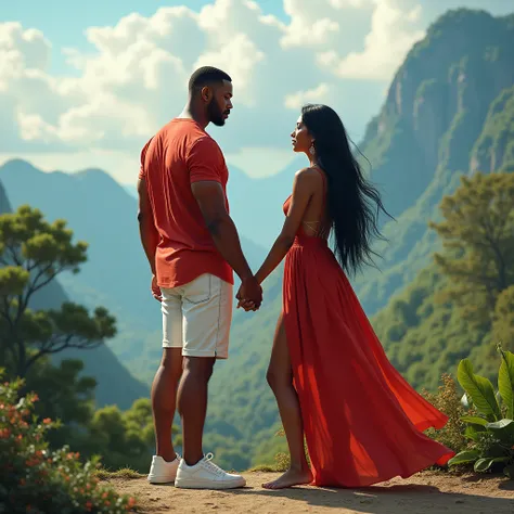 A Beautiful Sexy And Muscular Man With Very Realistic White Bermuda Shorts And With A Very Realistic Red Shirt And With A Very Realistic White Sneaker Holding Hands Hand In Hand With A Beautiful Sexy Indigenous Woman With Beautiful Black Hair And With Very...