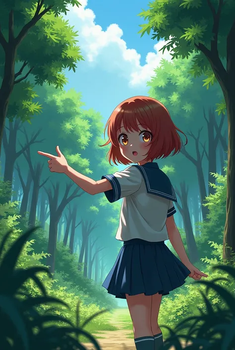 anime girl pointing on the left corner forest on the background