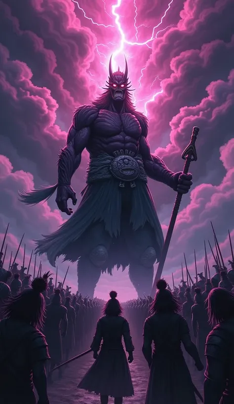  Kaido in his hybrid form poses menacingly with his Kanabo in front of an army of human soldiers who go after him. Kaido the King of the Beasts from One Piece .  The sky is stormy with black clouds covering the scene .  There are crackling intense fuchsia ...