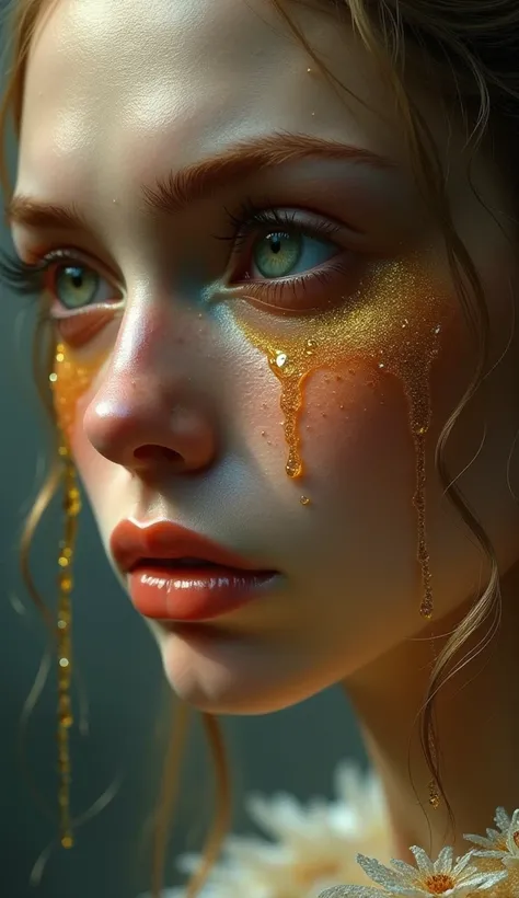 Hyper realistic goddess Freya with tears of gold and amber