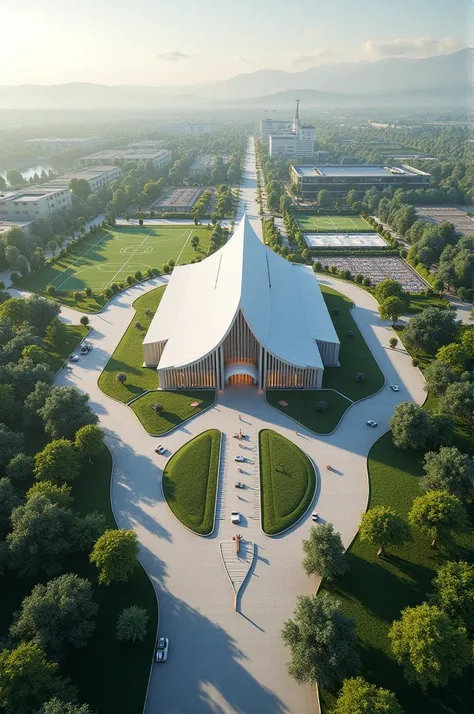 Realizar 20 imagens de church em um terreno de 38 mil metros quadrados, containing a basement for a thousand cars, with 4 access ramps for entry and parking of cars and vans of all sizes, com área de circulação e 4 área de acesso para a church contendo cad...